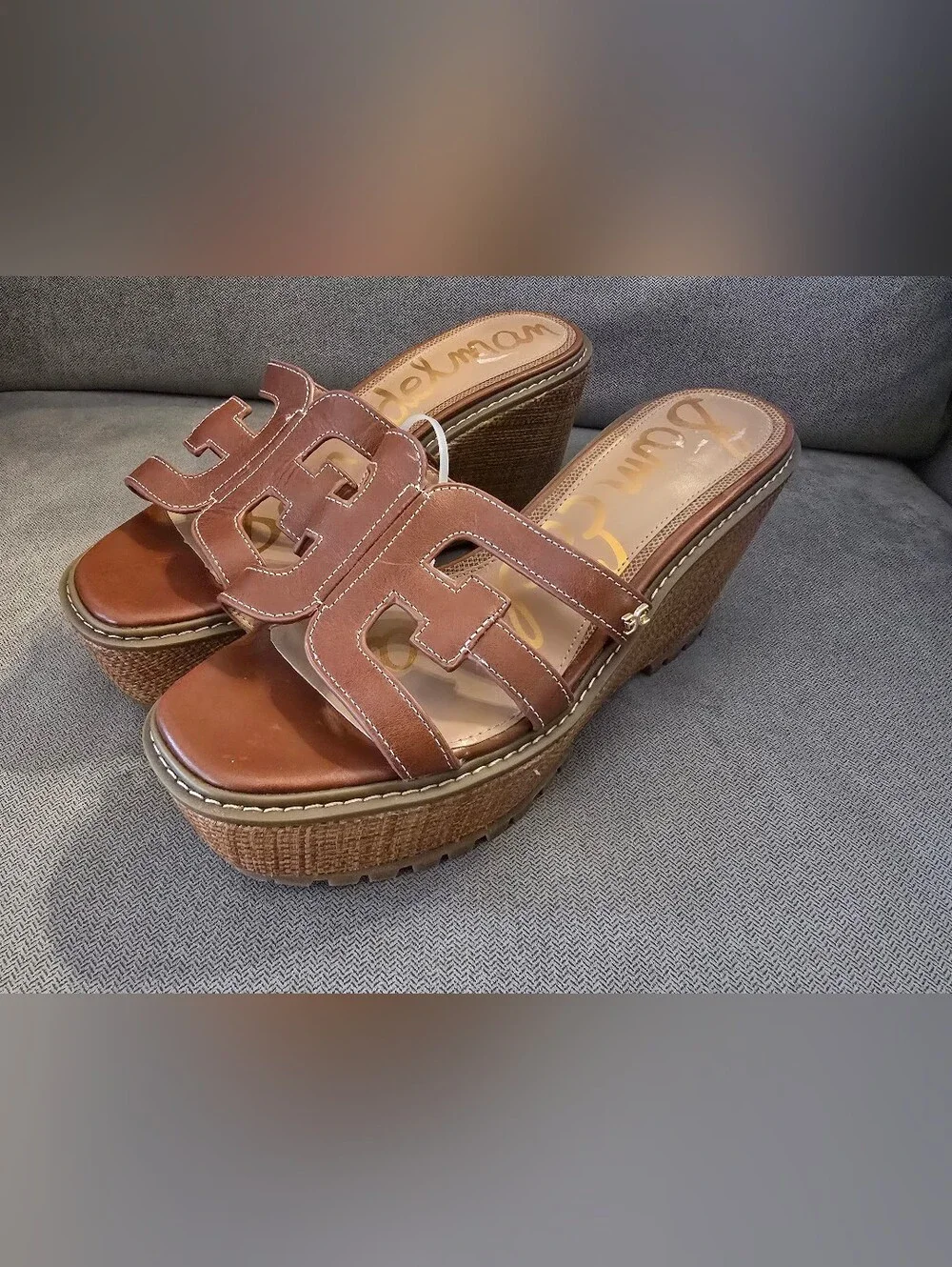 NWOB Sam Edelman Brown Leather Woven Platform Slide Sandals - 10